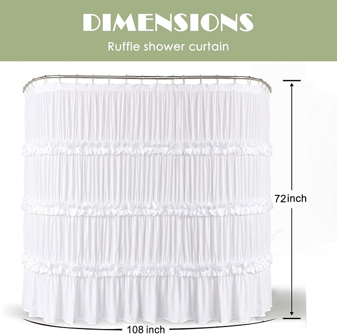 Homechoice Decor Extra Wide Shower Curtain 108"W x 72"L with 18 Buttonholes | Vintage Handcrafted Bow Tie Bath Curtain for Bathroom and Clawfoot Tub, Victorian Ruffle Bathroom Curtain, White (LQ-10)