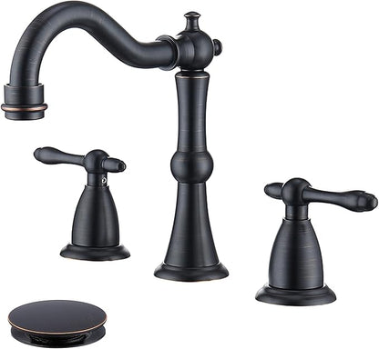 Oil Rubbed Bronze Antique Bathroom Faucet 3 Hole, Widespread 8in Bathroom Sink Faucet with Pop Up Drain and cUPC Supply Hose, Modern 2 Handle Three Hole Bathroom Faucet Bronze JXM3073ORB