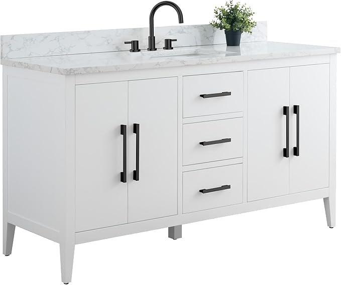 HomeBeyond 60 Inch Bathroom Vanity with Sink & Ceramic Top, Single Vanity Cabinet with Basin, Soft-Closing Doors & Matte Black Hardware, White