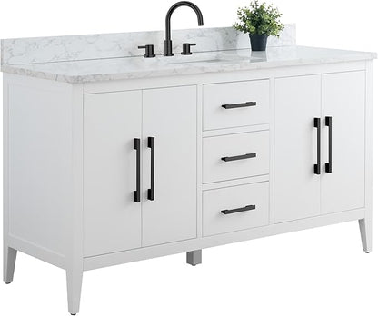 HomeBeyond 60 Inch Bathroom Vanity with Sink & Ceramic Top, Single Vanity Cabinet with Basin, Soft-Closing Doors & Matte Black Hardware, White