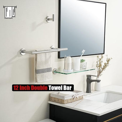 JQK Double Towel Bar, 15 Inch 304 Stainless Steel Thicken 0.8mm Towel Rack Holder for Bathroom Washcloths and Hand Towels, Brushed Wall Mount, Useable Length 12 Inch, TB100L12-BN