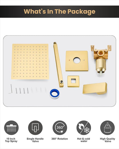 Airuida 10 Inch Brushed Gold Shower Faucet Set,Shower Valve Kit | Rainfall Shower Head and Handle Set,Female Thread Rough-in Valve Shower Kit,Single Function Shower System