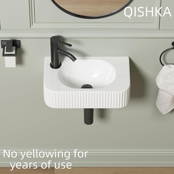 Wall Hung Bathroom Sink, QISHKA 17.5" X 11" Rectangular Floating Ceramic Wash Hand Basin White Wall Mount Vessel Sink for Small Bathroom and Small Cloakroom