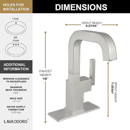 Brushed Nickel Bathroom Faucet, Lava Odoro One Hole Bathroom Sink Faucet Single Handle Swivel Vanity Faucet with Pop up Drain Assembly, Solid Brass Vessel Sink Faucet Deck Plate Included, BF204-BN