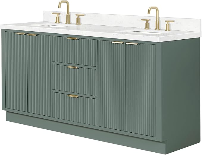 ARIEL Milan 72-inch Bathroom Vanity with Sink,Solid Wood, 1.5-inch Carrara White Quartz Countertop, Double Rectangular Porcelain Sink, Soft Closing Doors, Dovetail Drawers, Vintage Green