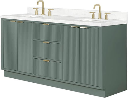 ARIEL Milan 72-inch Bathroom Vanity with Sink,Solid Wood, 1.5-inch Carrara White Quartz Countertop, Double Rectangular Porcelain Sink, Soft Closing Doors, Dovetail Drawers, Vintage Green