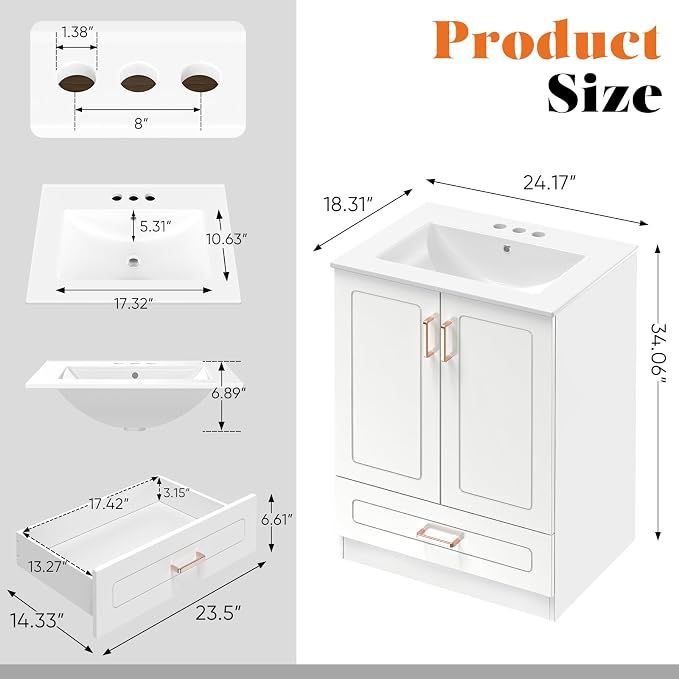 DUMOS 24'' Modern Bathroom Vanity Cabinet, Freestanding Bathroom Storage | Set with Smooth Ceramic Undermount Sink Basin, 2 Cabinet Doors and 1 Drawer Design, Easy Assmble Furniture, No Faucet, Ivory