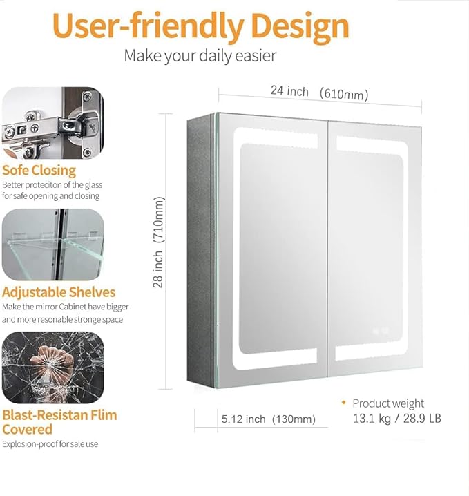24 Inch X 28 Inch Illuminated Led Mirror Cabinet for Bathroom Stainless Steel Wall Mounted Medicine Cabinet with Double Touch Switches for Clor Change, Dimmer and Anti-Fog Function