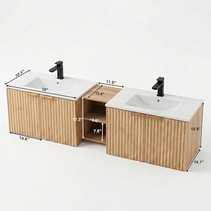 72 Inch Floating Bathroom Vanity with Double Sink, Bathroom Double Sink Cabinet with Soft Close Door Waterproof Storage, Wood Color