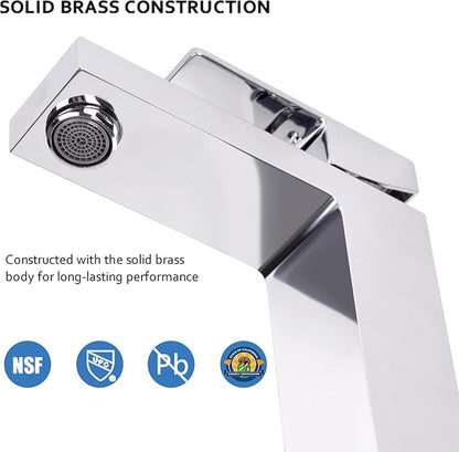 Solid Brass Chrome Bathroom Faucet, Bathroom Sink Faucet for 1 Hole,CEC & cUPC Certified Lead-Free Single Handle Vanity Faucet with Two Flexible Hoses(Hot and Cold) & Pop Up Drain Stopper
