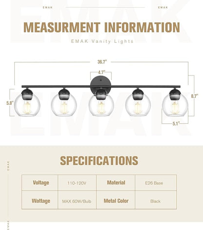 Emak 37 Inch Black Bathroom Light Fixtures Over Mirror, Modern 5-Light Vanity Lights with Clear Glass Shade, Farmhouse Globe Vanity Light for Bathroom, VL114-BK-CG-5