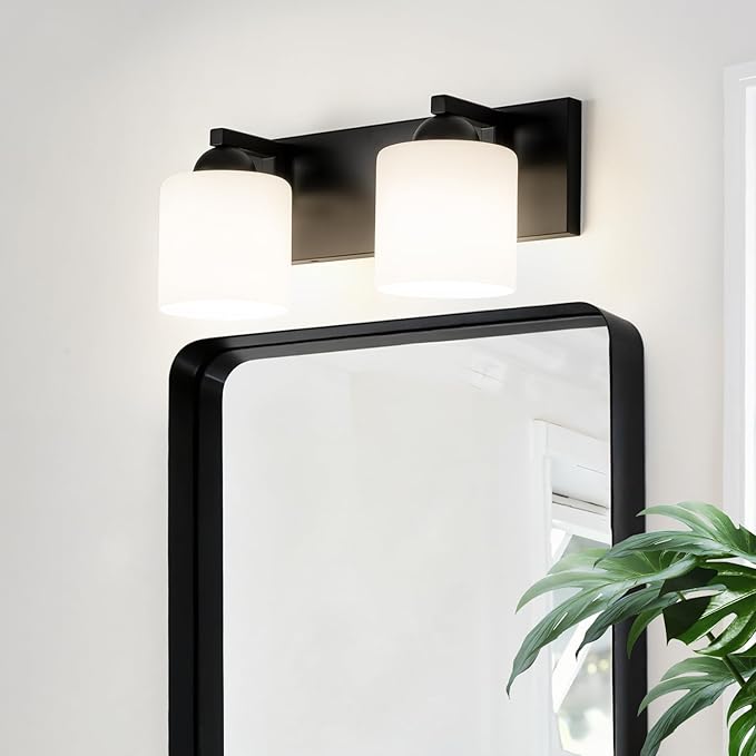 mirrea 16in 2-Light Black Vanity Lights for Bathroom, Vanity Lighting Fixtures with Etched White Glass Shades