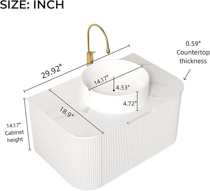 LKTART 30 Inch Floating Bathroom Vanity with Sink, Modern Wall Mounted Bathroom Storage Cabinet with Drawer, Round White Ceramic Sink Top and Marble Texture Top, White