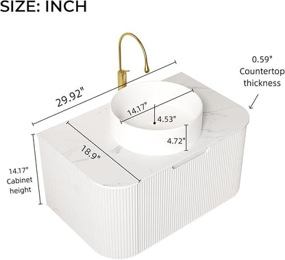 LKTART 30 Inch Floating Bathroom Vanity with Sink, Modern Wall Mounted Bathroom Storage Cabinet with Drawer, Round White Ceramic Sink Top and Marble Texture Top, White