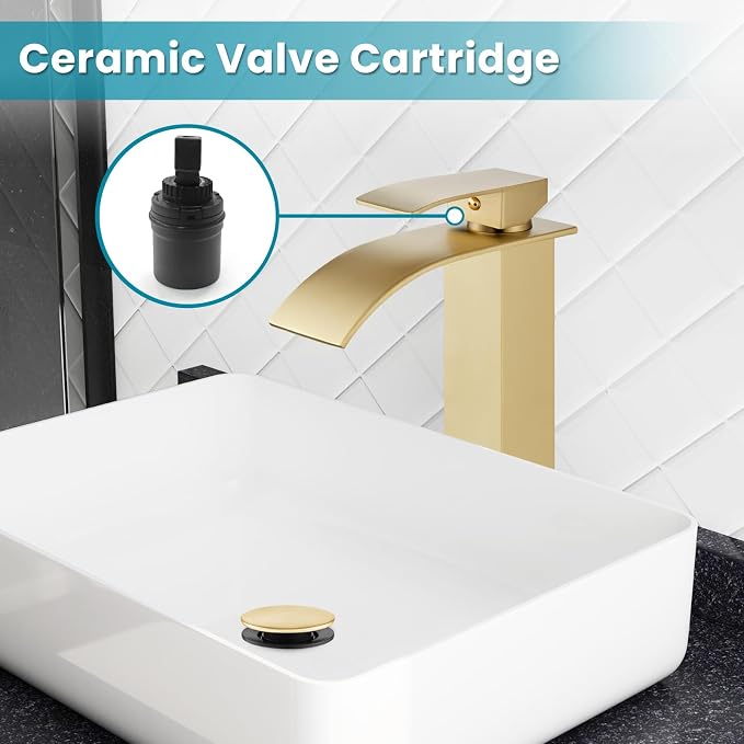gotonovo Waterfall Tall Bathroom Faucet 1 Hole No Drain, Brushed Gold | Modern Vessel Sink Faucet Single Handle 304 Stainless Steel,24” cUPC Supply Hoses,for Bowl Basin Lavatory Vanity Restroom RV
