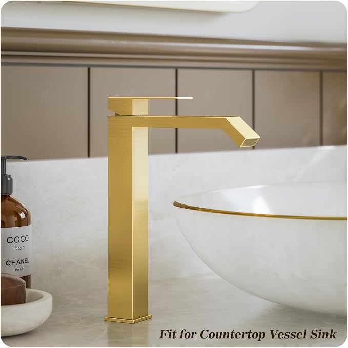 Brushed Gold Bathroom Faucet Brass Vessel Sink Faucet, Square Single Hole Single Handle Waterfall Above Counter Sink Faucet with Metal Pop Up Drain Without Overflow, FH05-BG-V
