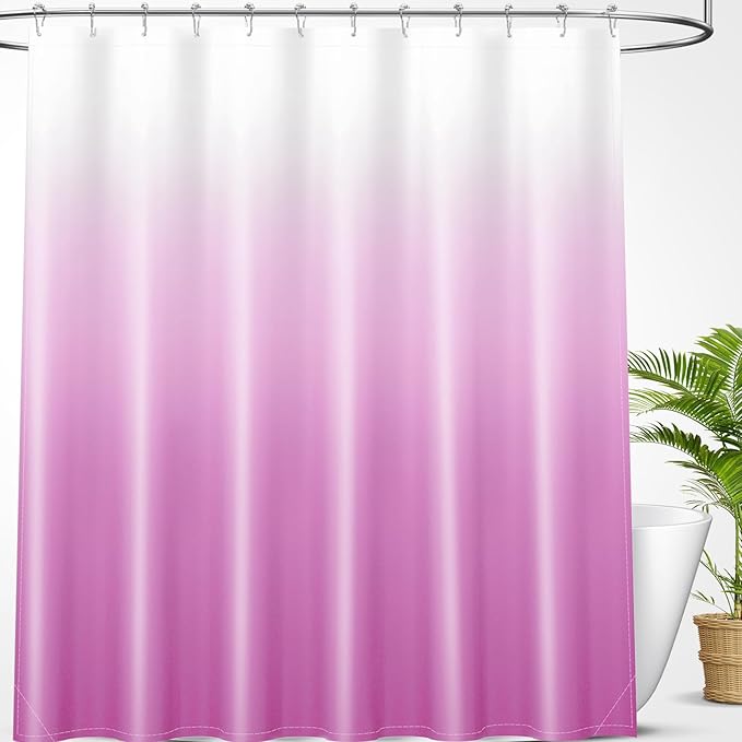 OLANLY Luxury Pink and White Ombre Shower Curtain Sets with 12 Hooks, Waterproof and Washable Decorative Shower Curtains for Bathroom, 72x72 Inches