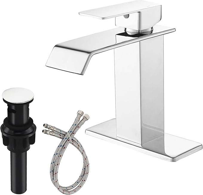 Chrome Waterfall Bathroom Faucet 1 Hole Deck Mount, Single Handle Bathroom Sink Faucet Modern Polished Lavatory Vanity Mixer Tap Commercial with Pop Up Drain