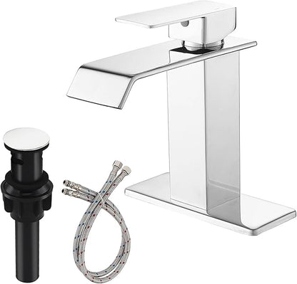 Chrome Waterfall Bathroom Faucet 1 Hole Deck Mount, Single Handle Bathroom Sink Faucet Modern Polished Lavatory Vanity Mixer Tap Commercial with Pop Up Drain