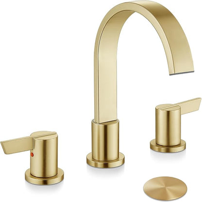 Midanya 8 Inch Widespread Bathroom Sink Faucet 3 Hole,Brushed Gold | Waterfall Swivel Spout,2 Handle,SUS304,with Pop Up Drain,cUPC 24" Water Hose,for 6-16” hole distance vanity,RV,Farmhouse Sink