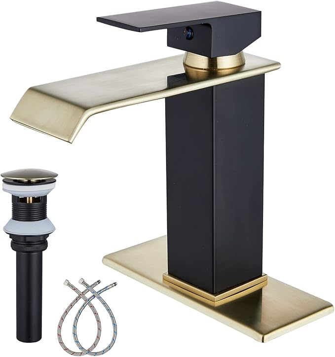 Waterfall Faucet Bathroom Brushed Golden Black Basin Vanity Sink Faucets Single Handle 1 Hole with Deck Plate Pop Up Drain Stopper Overflow Modern