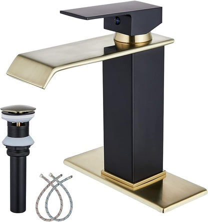 Waterfall Faucet Bathroom Brushed Golden Black Basin Vanity Sink Faucets Single Handle 1 Hole with Deck Plate Pop Up Drain Stopper Overflow Modern