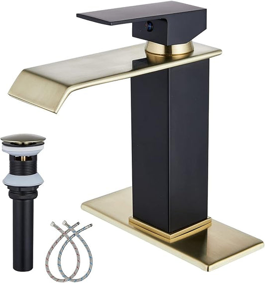Waterfall Faucet Bathroom Brushed Golden Black Basin Vanity Sink Faucets Single Handle 1 Hole with Deck Plate Pop Up Drain Stopper Overflow Modern