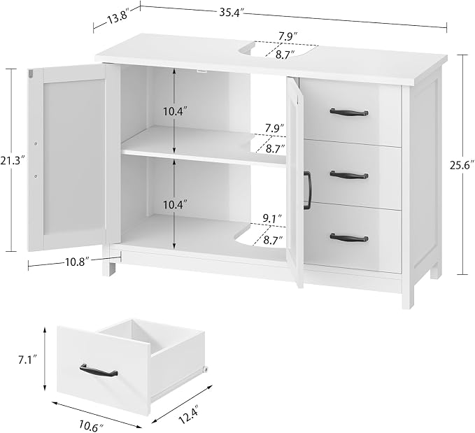 TEENFON Pedestal Sink Storage Cabinet with 2 Doors & 3 Drawers, Bathroom Sink Cabinet, Under Sink Cabinet with U-Shape Cut-Out, White