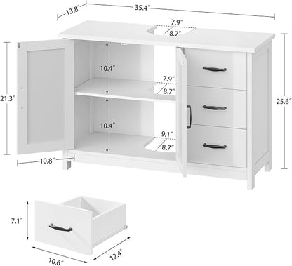 TEENFON Pedestal Sink Storage Cabinet with 2 Doors & 3 Drawers, Bathroom Sink Cabinet, Under Sink Cabinet with U-Shape Cut-Out, White
