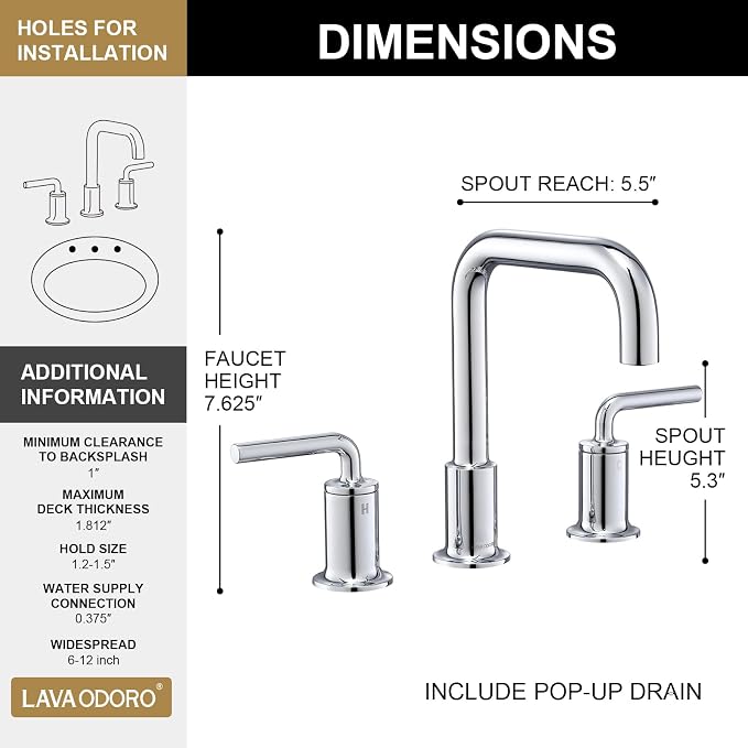 3 Hole Bathroom Faucet, Chrome Solid Brass Bathroom Faucet | 8 inch Widespread Bathroom Faucet, 2 Handle Bathroom Faucets with Drain Assembly Supply Line, Vanity Sink Faucet BF503-C