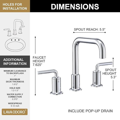 3 Hole Bathroom Faucet, Chrome Solid Brass Bathroom Faucet | 8 inch Widespread Bathroom Faucet, 2 Handle Bathroom Faucets with Drain Assembly Supply Line, Vanity Sink Faucet BF503-C