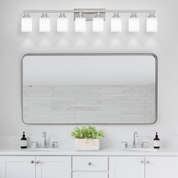 8-Light Bathroom Light Fixtures, 52inch Nickel Vanity Light with Milky White Glass Shade, Modern Bathroom Wall Lights Over Mirror, Farmhouse Wall Sconces Lighting for Bedroom Living Room