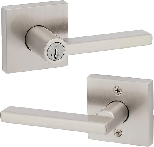 Kwikset Halifax Keyed Storeroom Entry Door Handle with Lock and Key, Secure Keyed Reversible Lever Exterior, Front Entrance and Bedrooms, Satin Nickel, Pick Resistant SMT Rekey Security and Microban