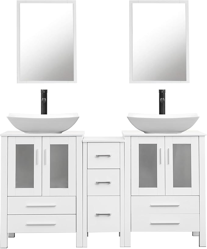 UEV 60" Double Sink Bathroom Vanity,White Bathroom Vanity with Double Side Vanity Cabinets & Removable 3 Drawer Storage Cabinet,Modern Vessel Sink Combo,Mirror Not Included(032WH)