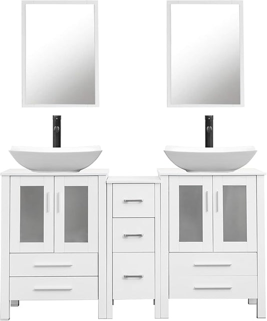UEV 60" Double Sink Bathroom Vanity,White Bathroom Vanity with Double Side Vanity Cabinets & Removable 3 Drawer Storage Cabinet,Modern Vessel Sink Combo,Mirror Not Included(032WH)