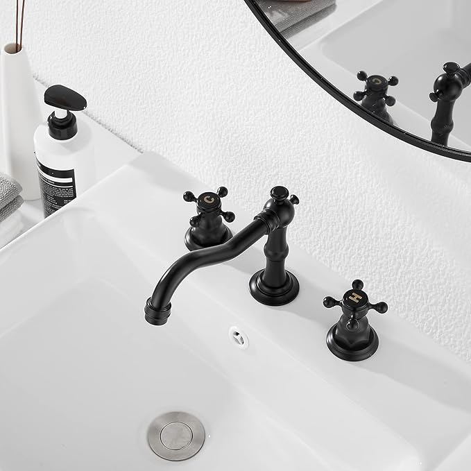 GGStudy Black Bathroom Faucet 2 Handles 3 Holes Faucet 8 inch Widespread Bathroom Sink Faucet Tap Mixer Supply Hose Included Matching Metal Pop Up Drain