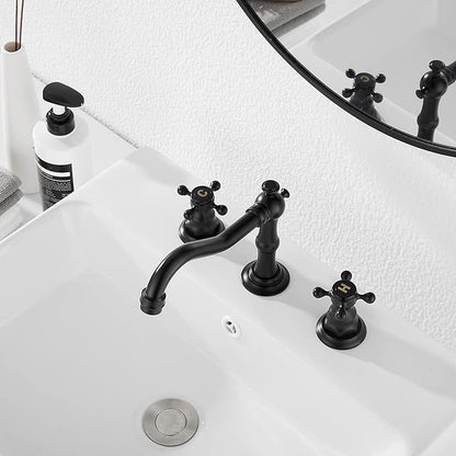 GGStudy Black Bathroom Faucet 2 Handles 3 Holes Faucet 8 inch Widespread Bathroom Sink Faucet Tap Mixer Supply Hose Included Matching Metal Pop Up Drain
