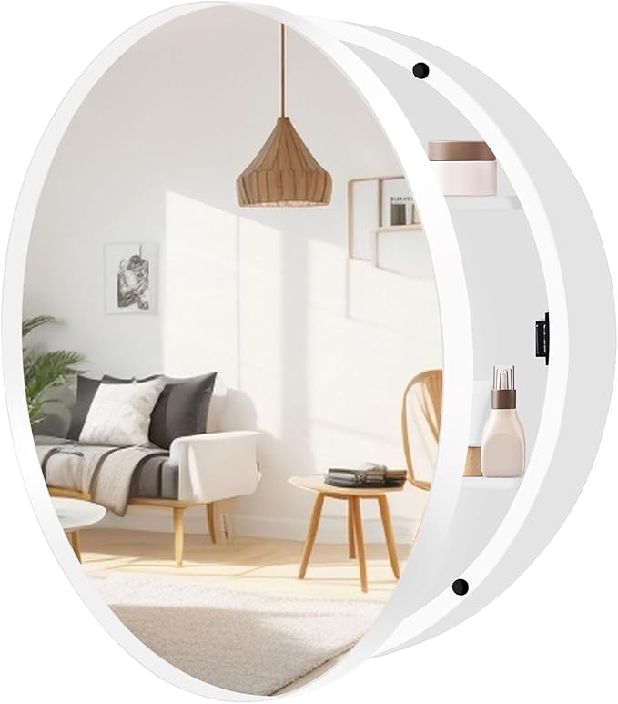 20 Inch Round Medicine Cabinet with Mirror, White Bathroom Medicine Cabinet for Wall Metal Framed, Surface Mount Only Circular Storage Cabinet with Vanity Mirror