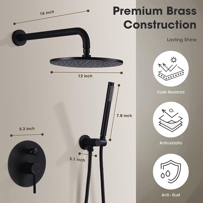 TRUSTMI 12" Pressure Balance Rain Shower System with Handheld, Matte Black | Rain shower faucet with cUPC valve and handheld spray. Prevents scalding, ideal for safe modern bathroom upgrades