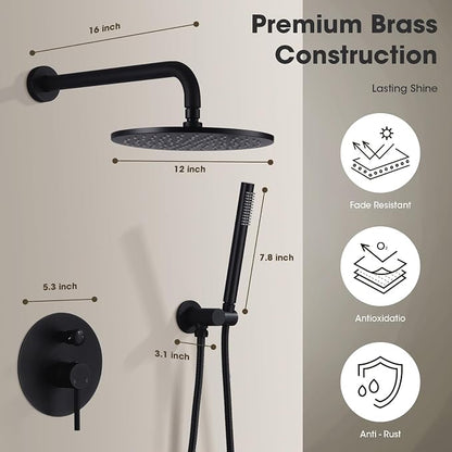 TRUSTMI 12" Pressure Balance Rain Shower System with Handheld, Matte Black | Rain shower faucet with cUPC valve and handheld spray. Prevents scalding, ideal for safe modern bathroom upgrades