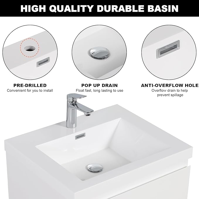 Wall Mounted 24 Inch Bathroom Vanity with Sink, Floating Vanity Bathroom, Single Sink Bathroom Vanity, 2 Drawers, Resin Integrated Sink (Glossy White)