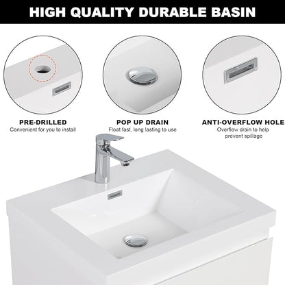 Wall Mounted 24 Inch Bathroom Vanity with Sink, Floating Vanity Bathroom, Single Sink Bathroom Vanity, 2 Drawers, Resin Integrated Sink (Glossy White)