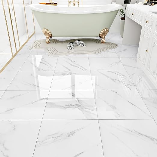 White Marble Peel and Stick Floor Tile Bathroom Self Adhesive Floor Tiles Peel and Stick Waterproof Kitchen Flooring Tiles Removable Marble Tile for Bedroom Living Room Camper 5 Pcs 12" x 12"