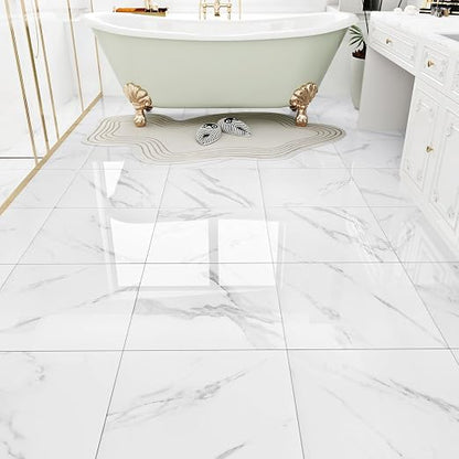 White Marble Peel and Stick Floor Tile Bathroom Self Adhesive Floor Tiles Peel and Stick Waterproof Kitchen Flooring Tiles Removable Marble Tile for Bedroom Living Room Camper 5 Pcs 12" x 12"