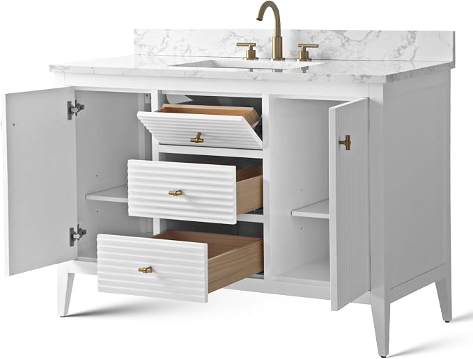 Vanity Art 48 inch Bathroom Vanity with Single Sink & Ceramic Top, Vanity Cabinet with Soft-Closing Door, Solid Wood Frame, Linear Pattern, White, VA9148-W-MB,Matte Black Handles