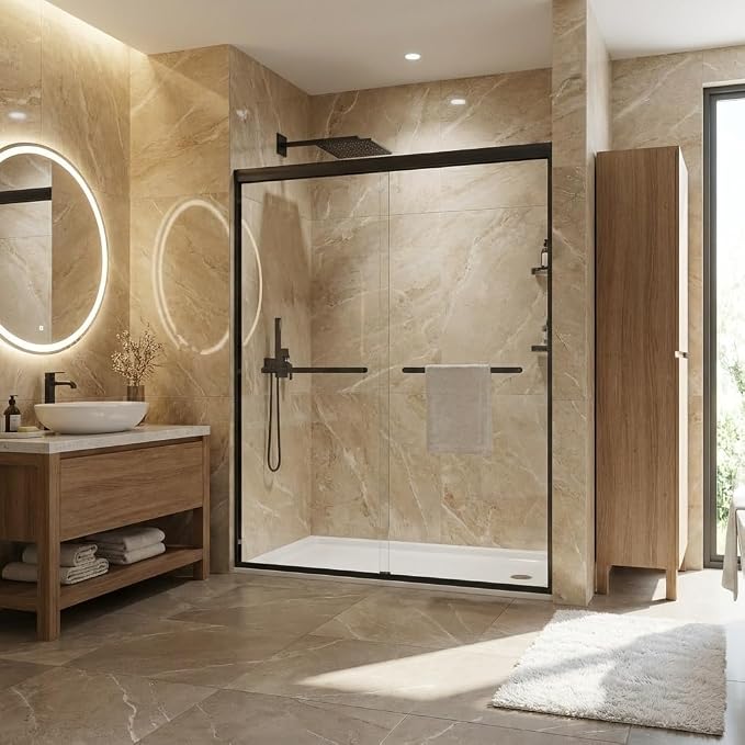 44-48" W x 72" H Frameless Sliding Shower Door, 5/16" (8mm) SGCC Tempered Clear Glass with Easy-Clean Coating, 304 Stainless Steel Handle, Space-Saving Design for Walk-in Shower, Matte Black