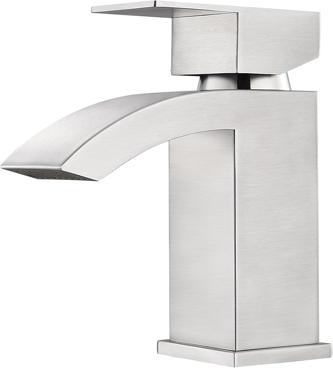 CREA Waterfall Bathroom Faucet 1 Hole Single Handle Brushed Nickel Stainless Steel Modern Basin Mixer Tap 3 Hole Deck Plate RV Vanity(Pop Up Drain/cUPC Supply Line)
