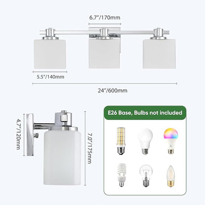 24 Inch Chrome Bathroom Light Fixtures Over Mirror 3 Light Bathroom Vanity Light Silver Modern Industrial Makeup Lighting Wall Sconce Shower Farmhouse Rustic Milk Glass Lamp Above Desk Sink
