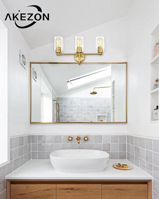 Gold Bathroom Light Fixtures, 3-Light Vanity Light Over Mirror Lighting with Cylinder Glass Shade, KW-7306-3