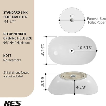 KES 20" x 13" Oval Vessel Sink for Bathroom Vanity Countertop, Glossy White Ceramic Bathroom Sink Bowl Above Counter, Boat Shape, Modern Look, Crafted to Endure, BVS139